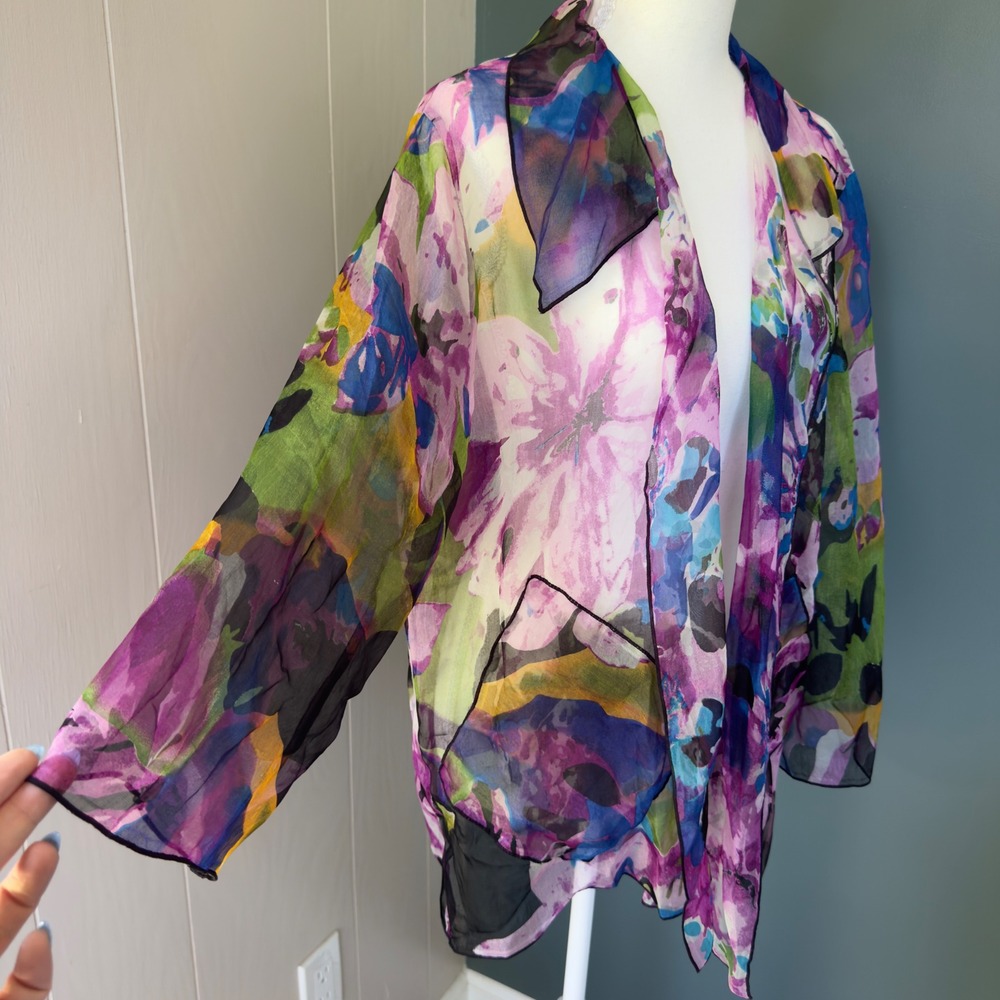Caroline Rose Silk Chiffon Open Jacket Purple Floral Abstract LP Made in USA